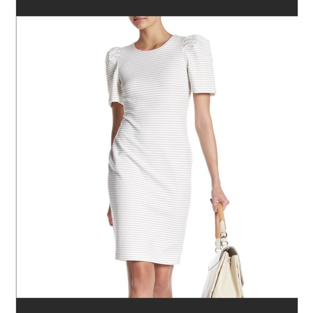 Calvin Klein Striped Sheath Puff Sleeve Dress NWOT